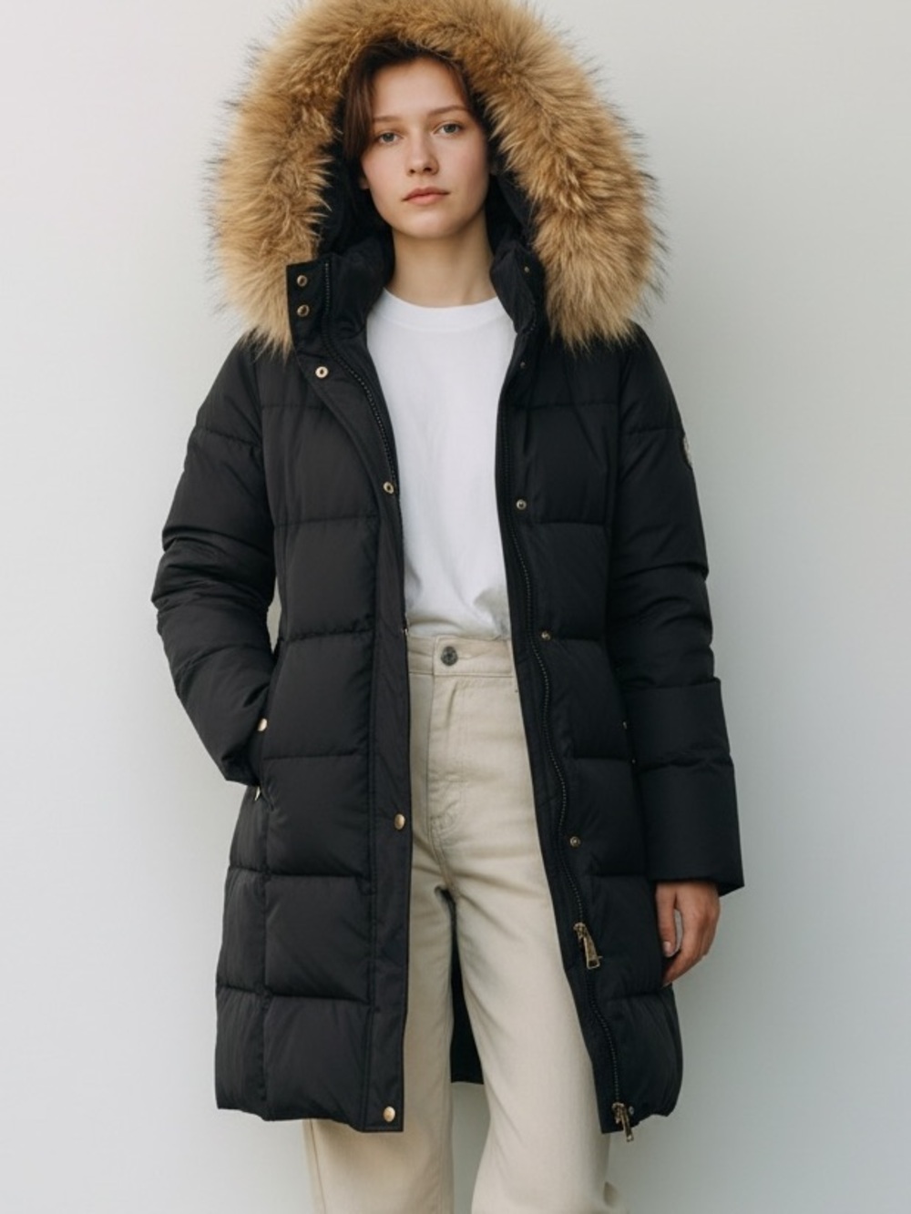 Andrew Marc Black Long Puffer Coat with Faux Fur Hood